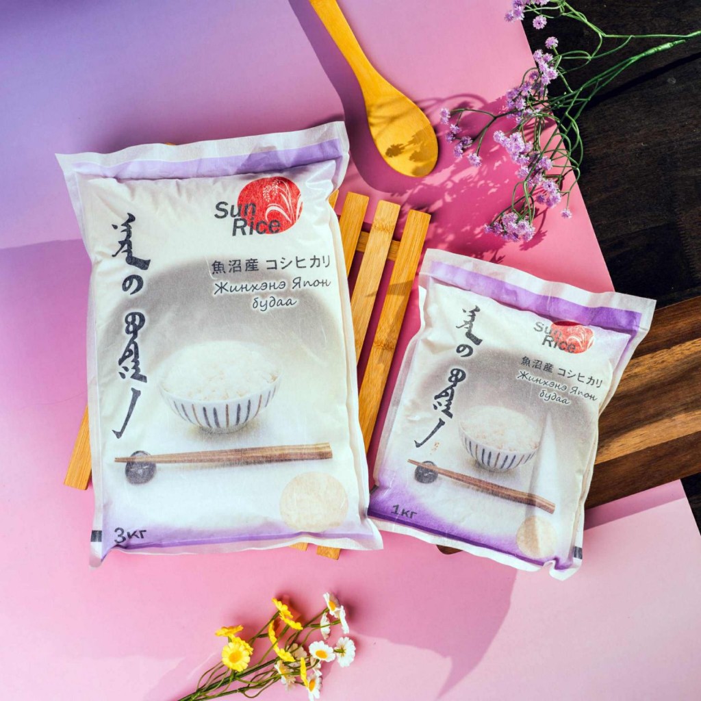 Sun Rice жинхэнэ япон будаа — 1 кг болон 3 кг савлагаа, цэнхэр ягаан дэвсгэр